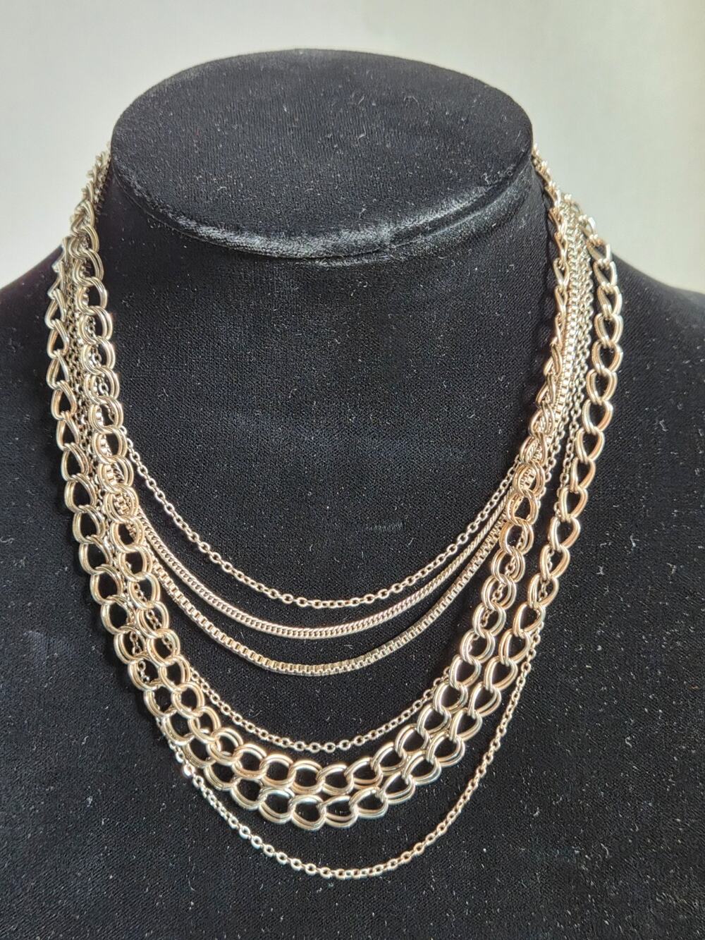 Silver Tone Multi Strand Chain Statement Necklace Layered Metal Bib #AEN21